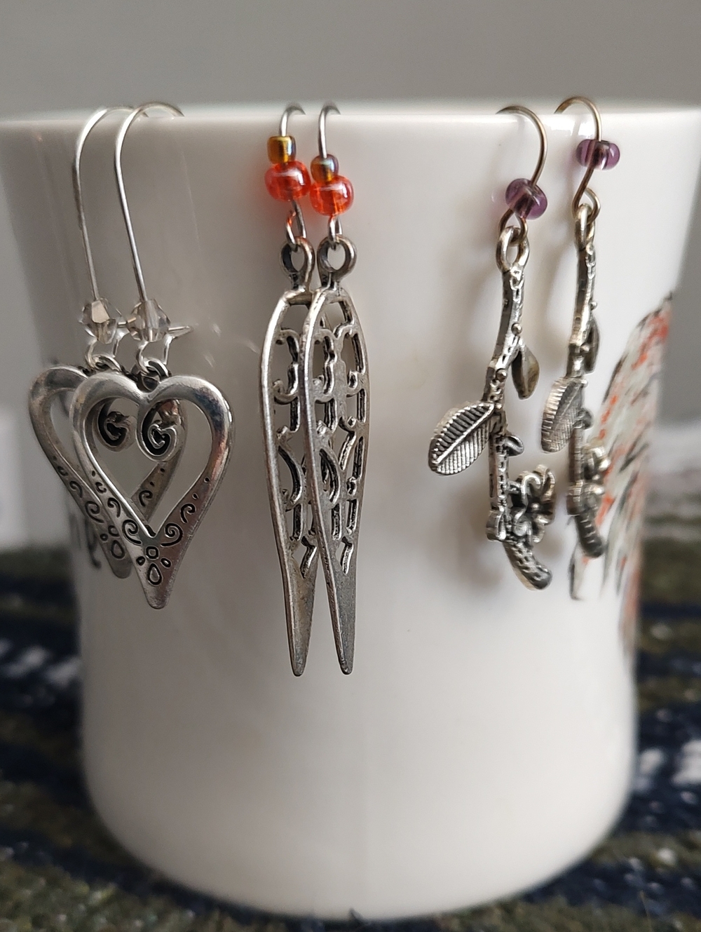 Silver Tone Filigree Dangle Earrings with Beads